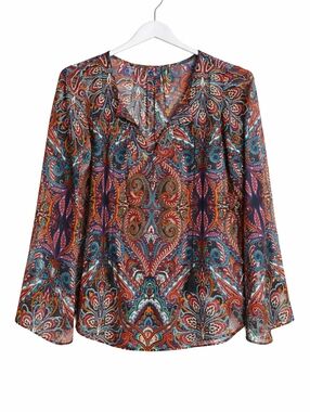 Garage Boho Kaleidoscope Paisley Print Medallion Bell Sleeve Tassel Top Boho